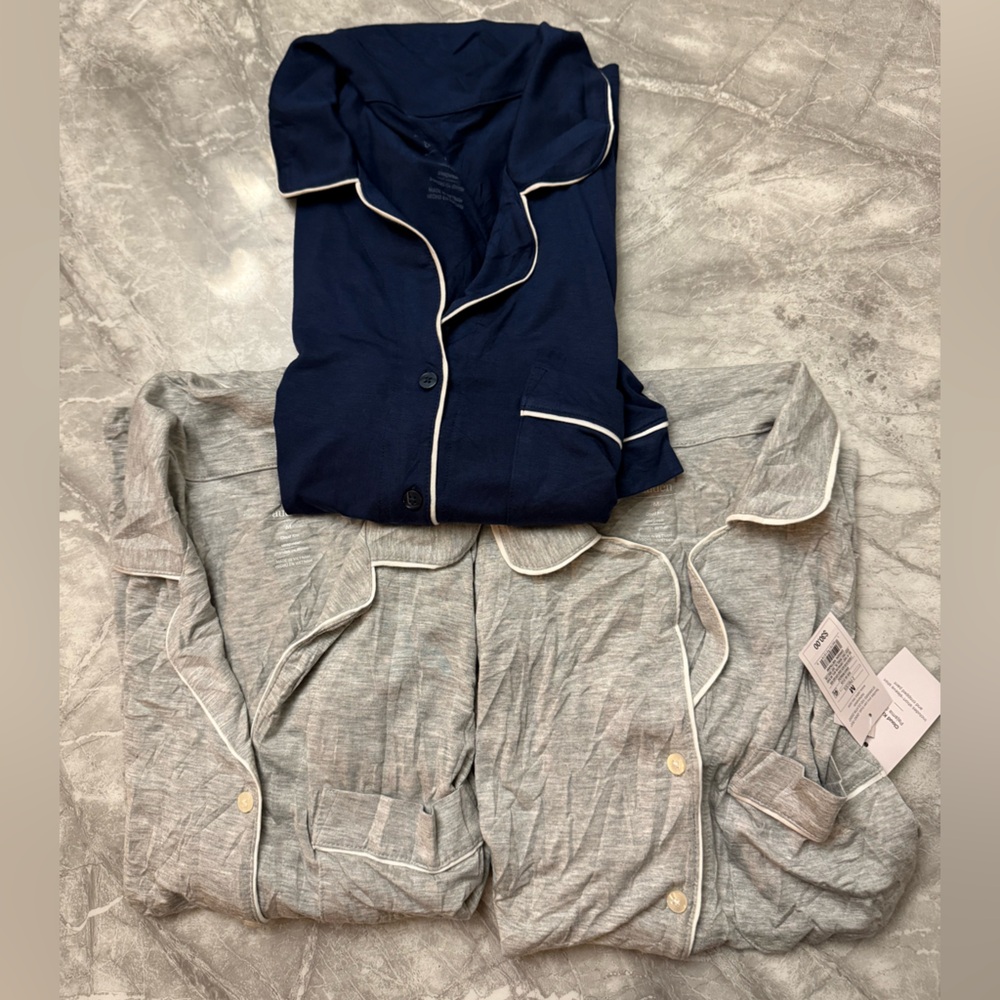 Bundle of 3 Stylish Navy and Gray Pajama Set with White Piping